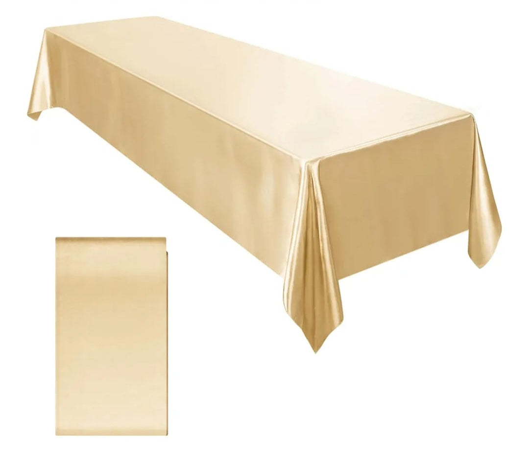 Rental | champagne gold satin tablecloth 58x102"