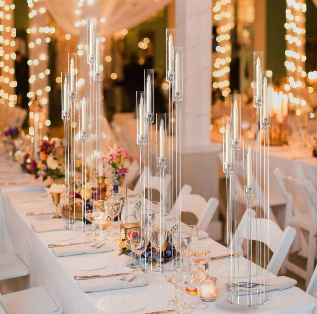 Rental | acrylic tiered candelabra centerpiece for 5 candles