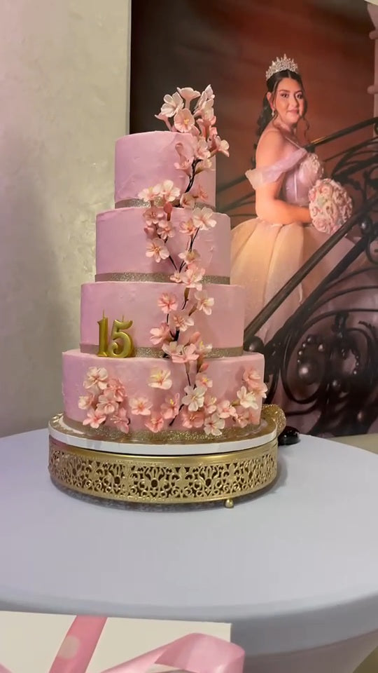 Rental | Faux 3 tier cherry blossom themed gold & pink cake