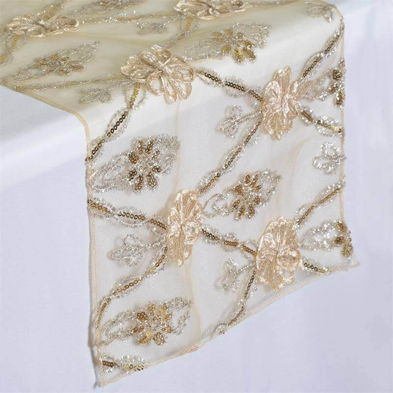 Rental | champagne lace with sequin & satin floral design table runner 14x108