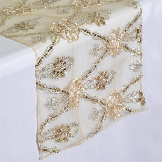 Rental | champagne lace with sequin & satin floral design table runner 14x108